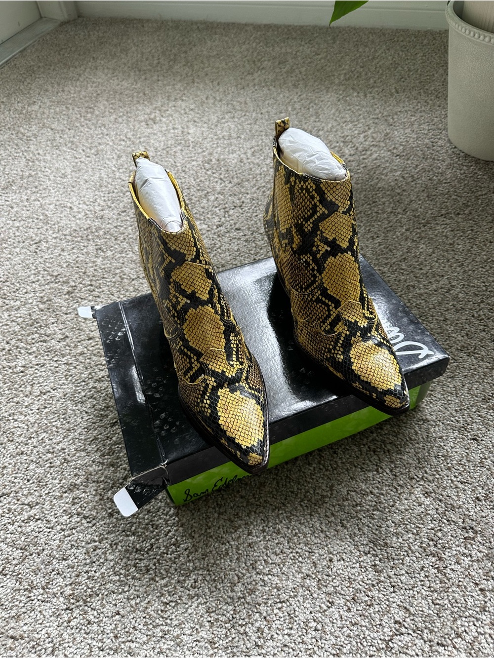 Sam Edelman Yellow Snake-Print Pointed Toe Ankle Boots